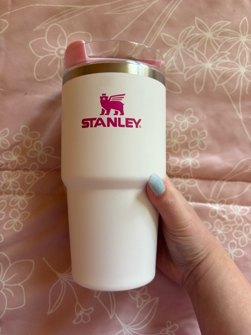 Stanley White Tumbler with Pink Logo and Lid